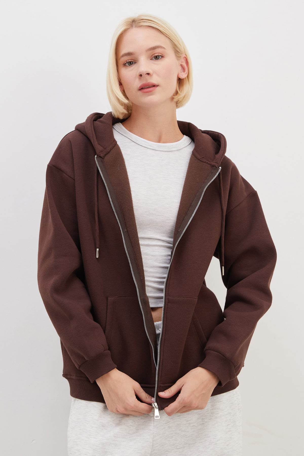 3 İplik Basic Fermuarlı Kapüşonlu Oversize Sweatshirt 2