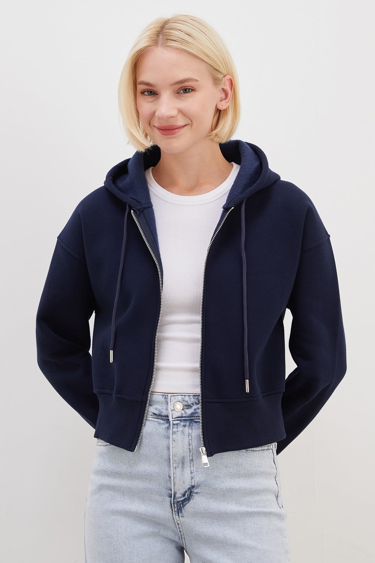 3 İplik Basic Fermuarlı Kapüşonlu Sweatshirt 4