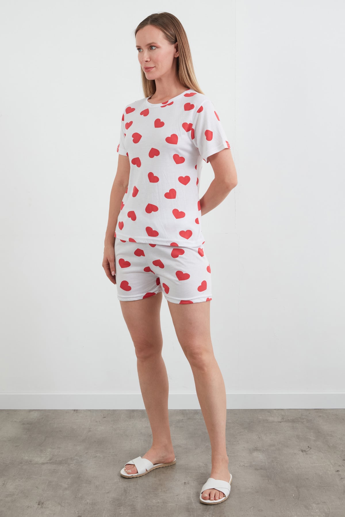 Kalp Baskılı Bisiklet Yaka Şortlu Pijama Takımı 6