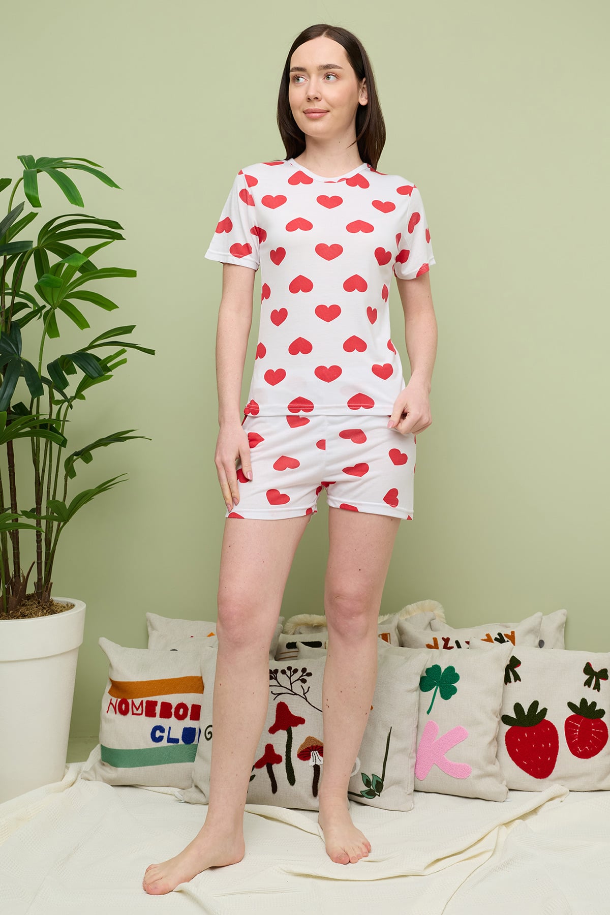 Kalp Baskılı Bisiklet Yaka Şortlu Pijama Takımı 2