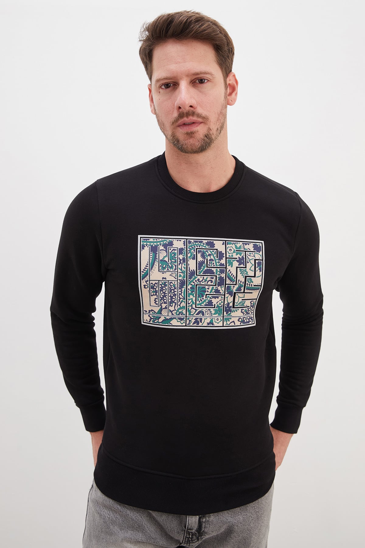 3 İplik Çiçekli Labirent Baskılı Bisiklet Yaka Sweatshirt