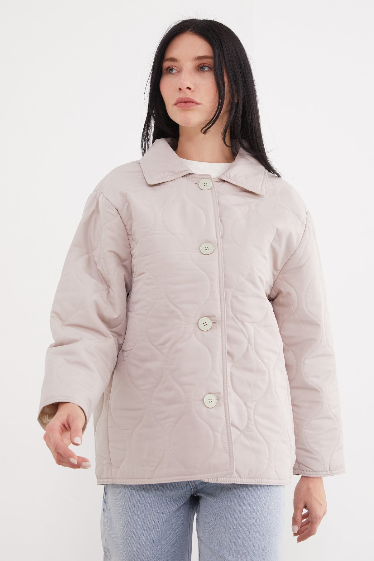 Su Yolu Desenli Oversize Düğmeli Mont 5