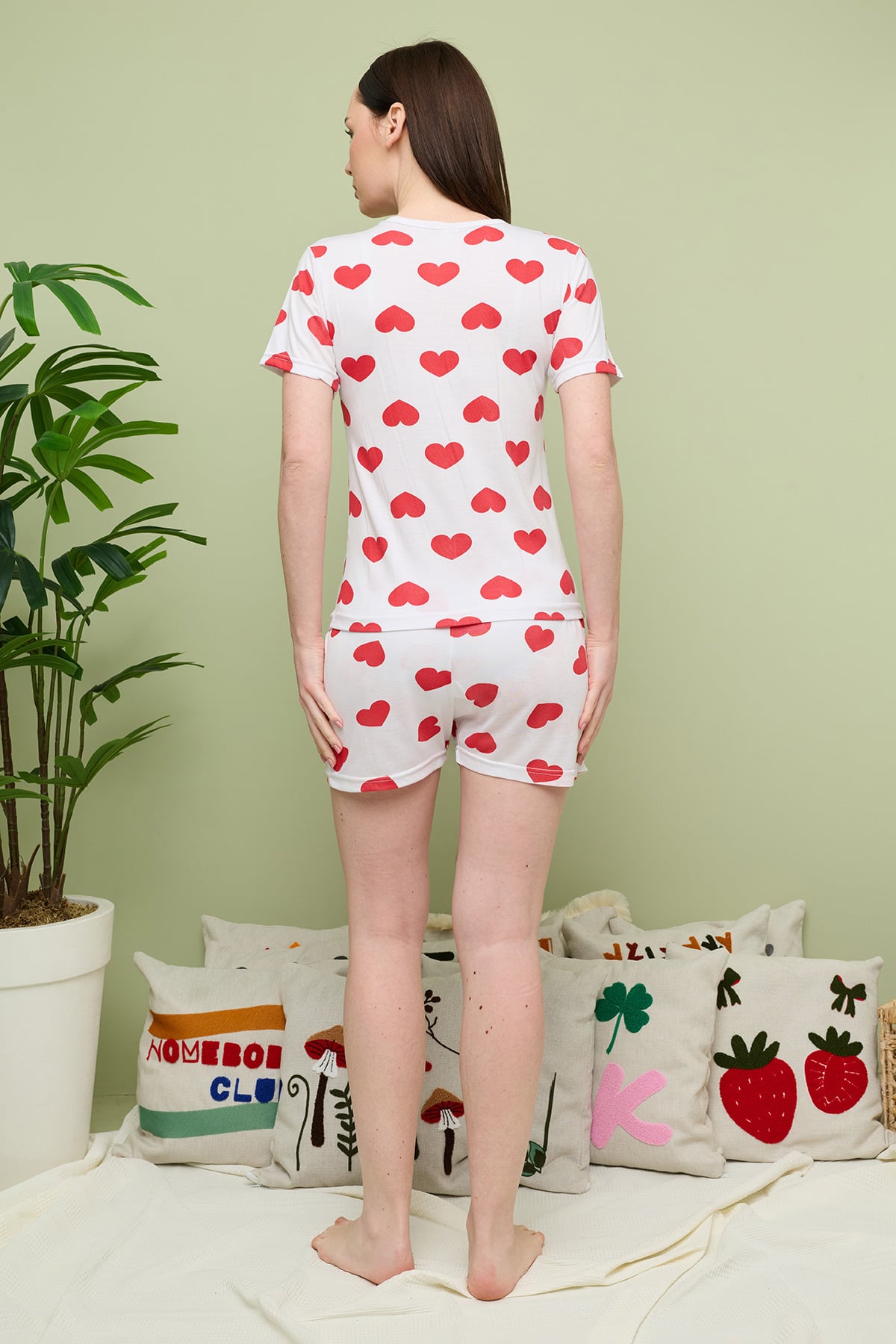 Kalp Baskılı Bisiklet Yaka Şortlu Pijama Takımı 7