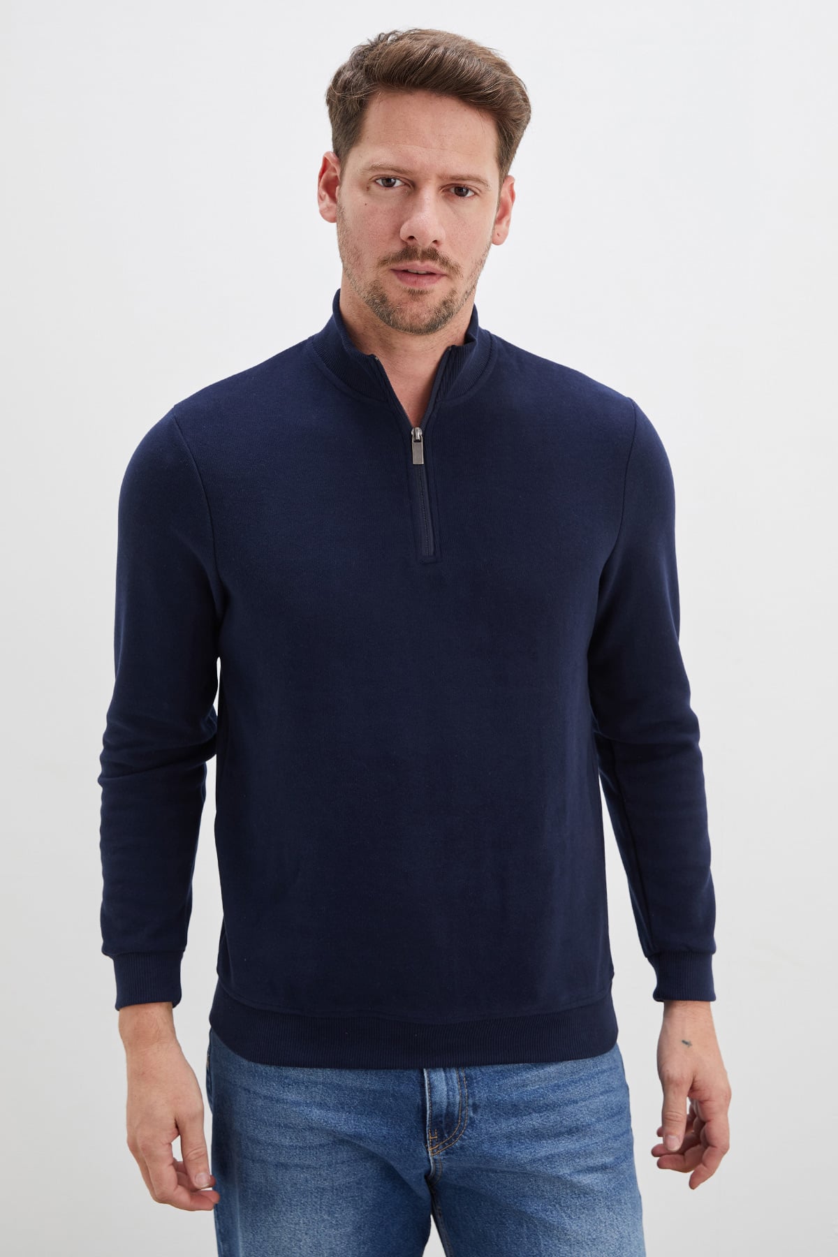 Fitilli Dik Yaka Yarım Fermuarlı Sweatshirt 2