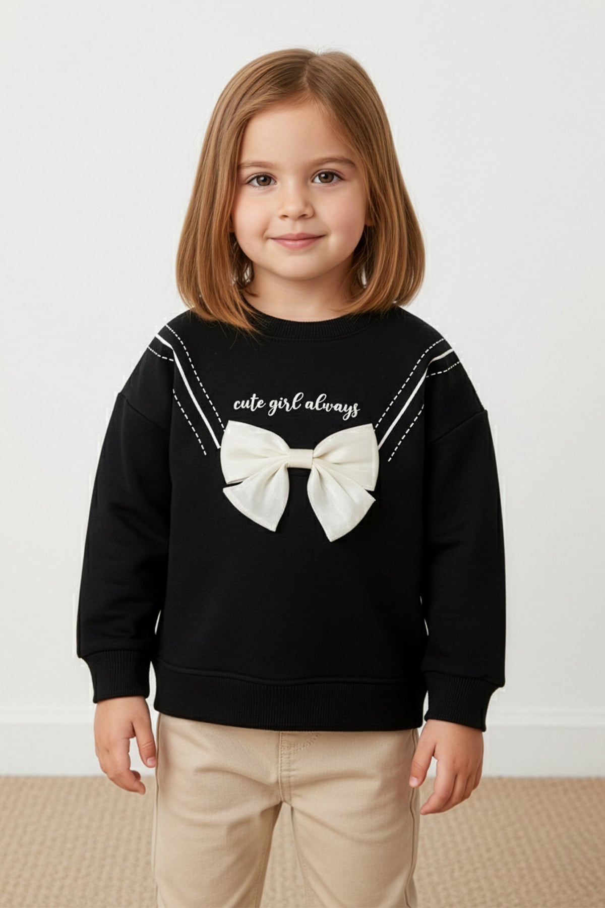 Fiyonklu Bisiklet Yaka Kız Çocuk Sweatshirt