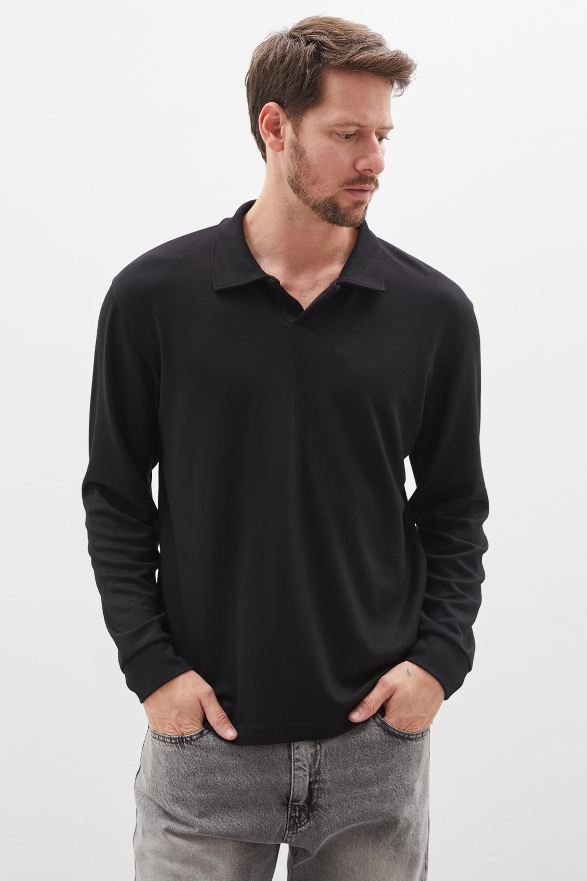 Erkek Basic Apaş Yaka Modal Sweatshirt Rahat Kalıp Günlük 3