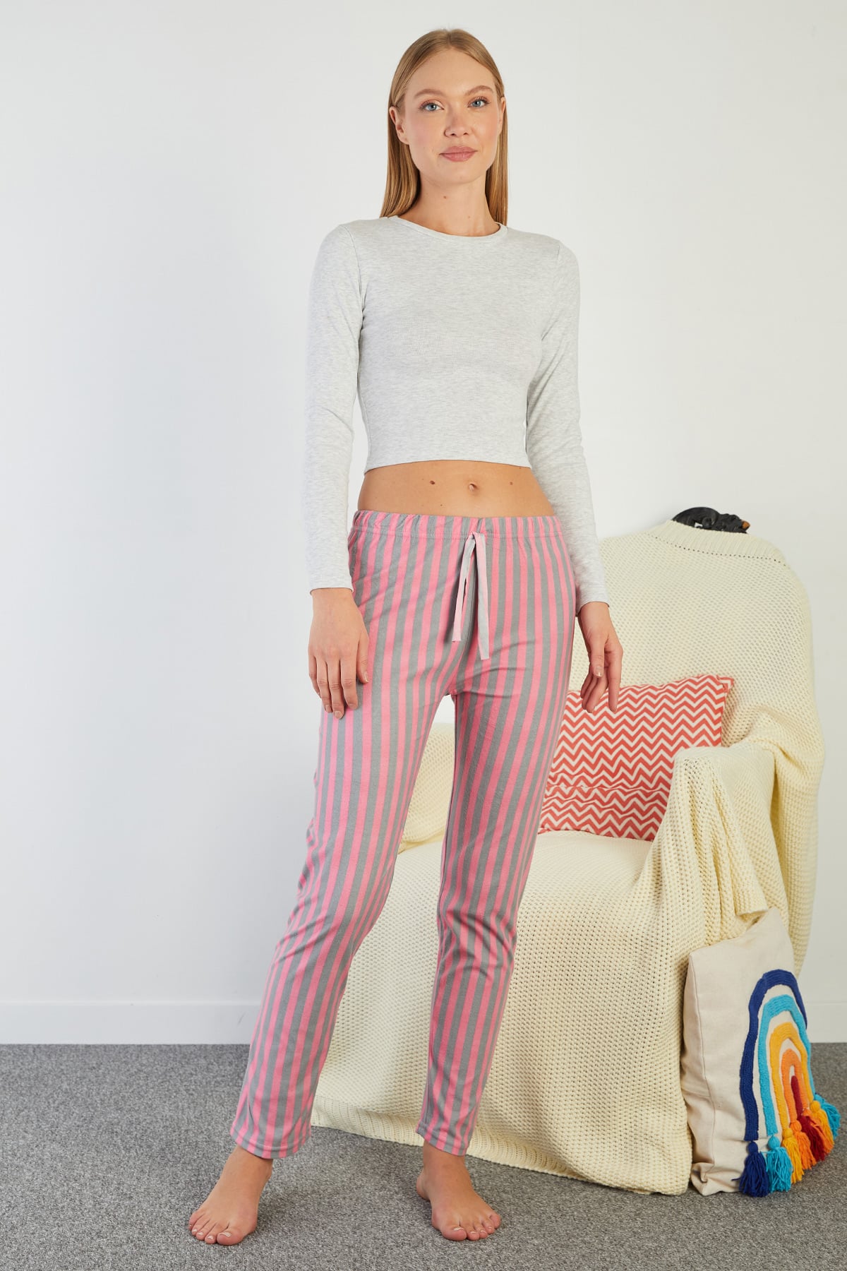 Çizgili Beli Lastikli Süet Pijama Altı