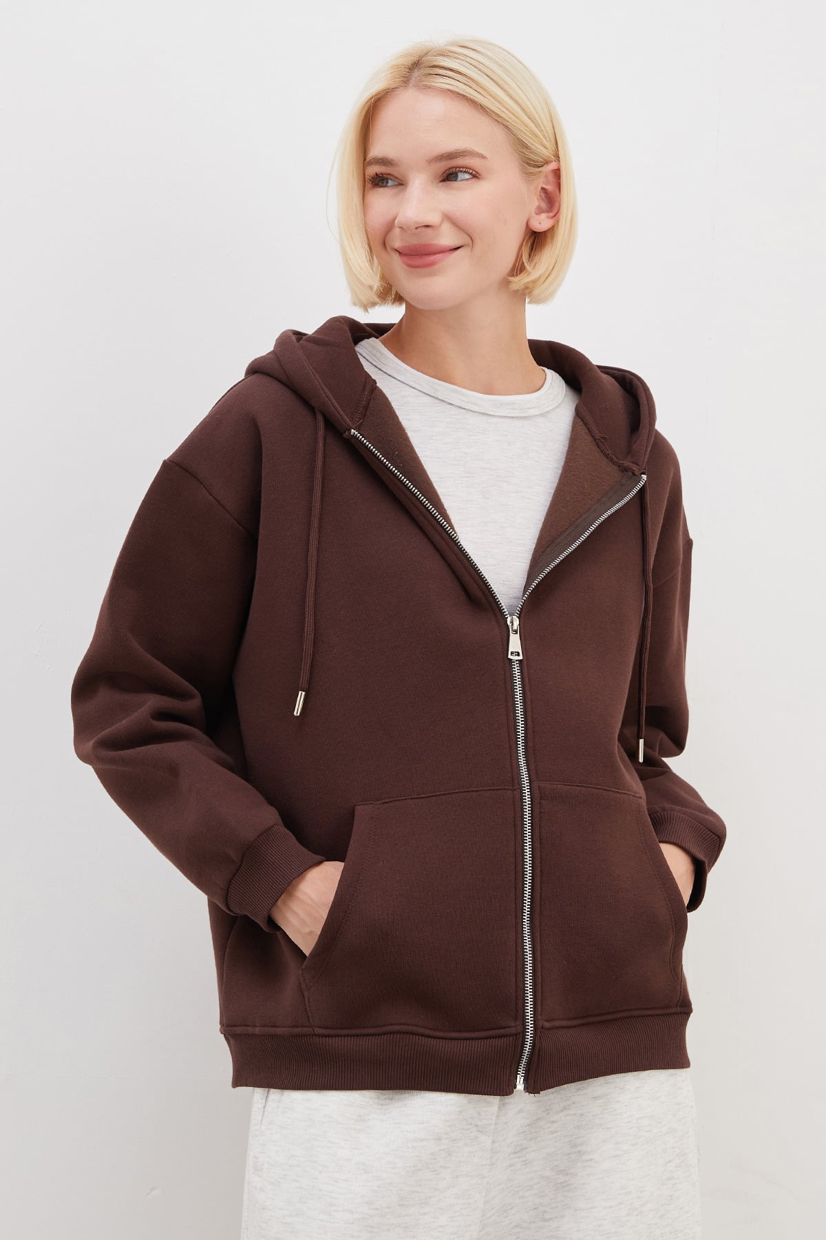3 İplik Basic Fermuarlı Kapüşonlu Oversize Sweatshirt