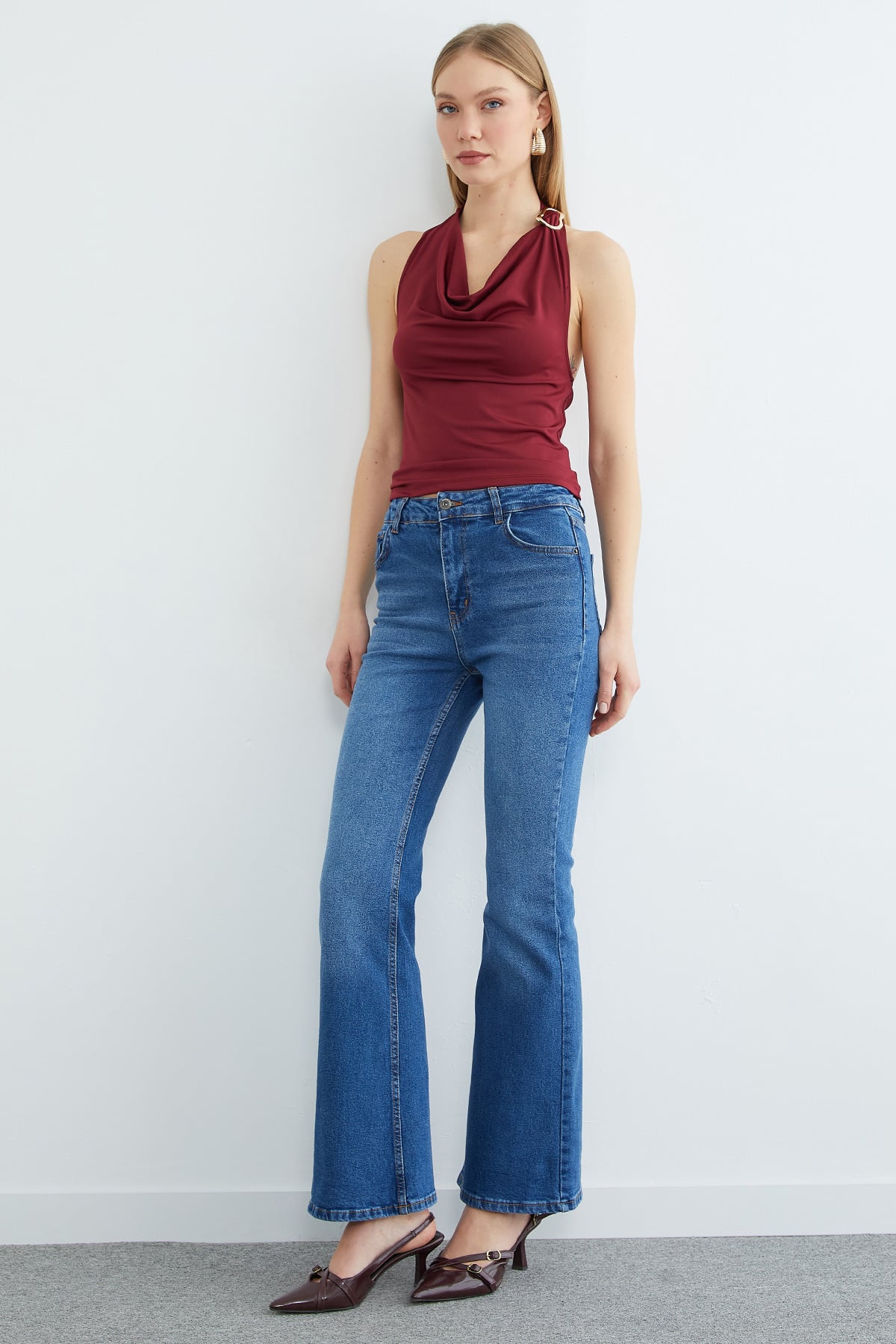 Yüksek Bel Fermuarlı Flare Jean