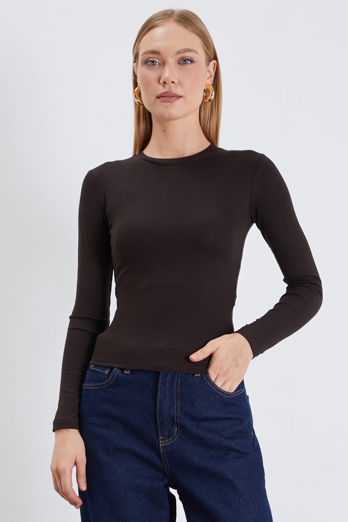 Basic Bisiklet Yaka Slim Fit Crop Bluz 8