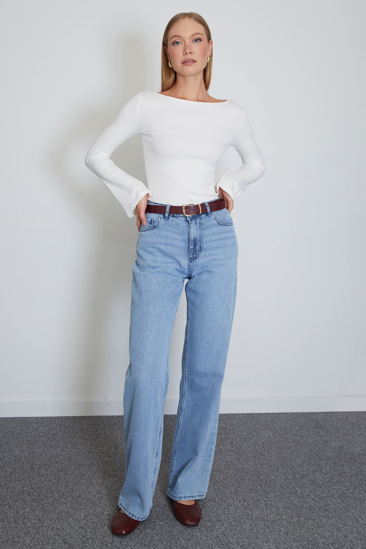 Fitilli Kayık Yaka Flare Kol Slim Fit Bluz 5
