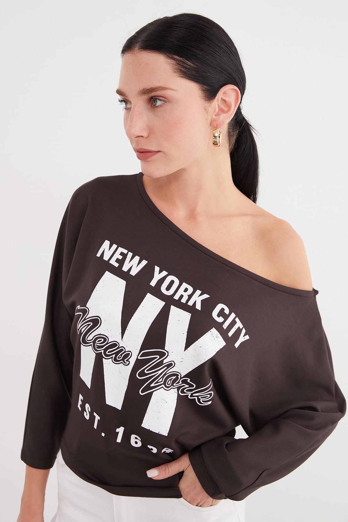 Kadın Beyaz New York City Baskılı Kayık Yaka Yarasa Kol Bluz
