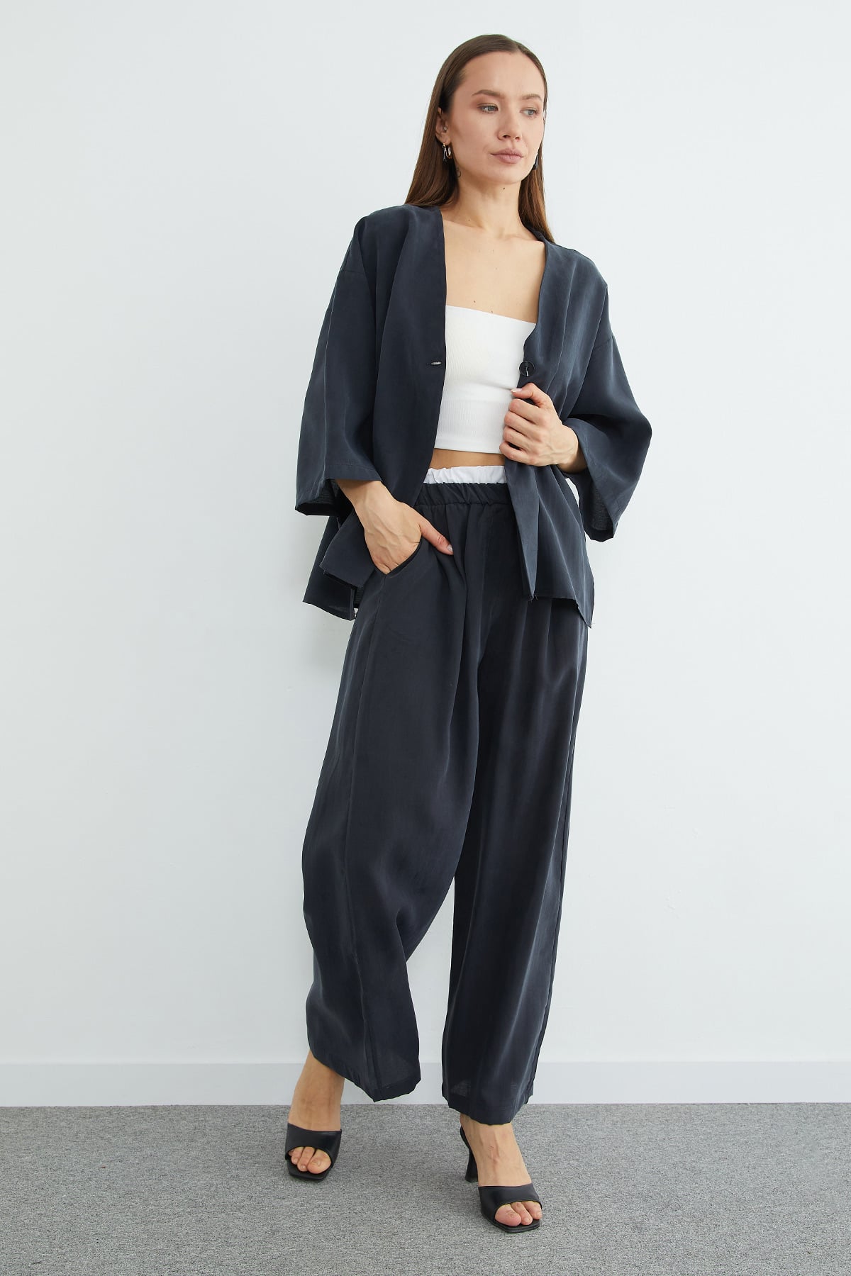 Tek Düğmeli Tencel Kumaş Oversize Ceket 5