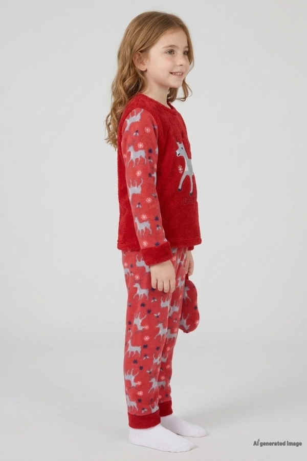 Çocuk Kırmızı Welsoft Kışlık Pijama Takımı Geyik Baskılı 2