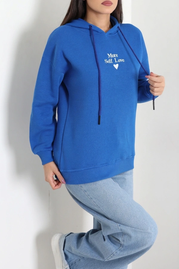 Üç İplik Kapşonlu Naskışlı Sweat Saks 4