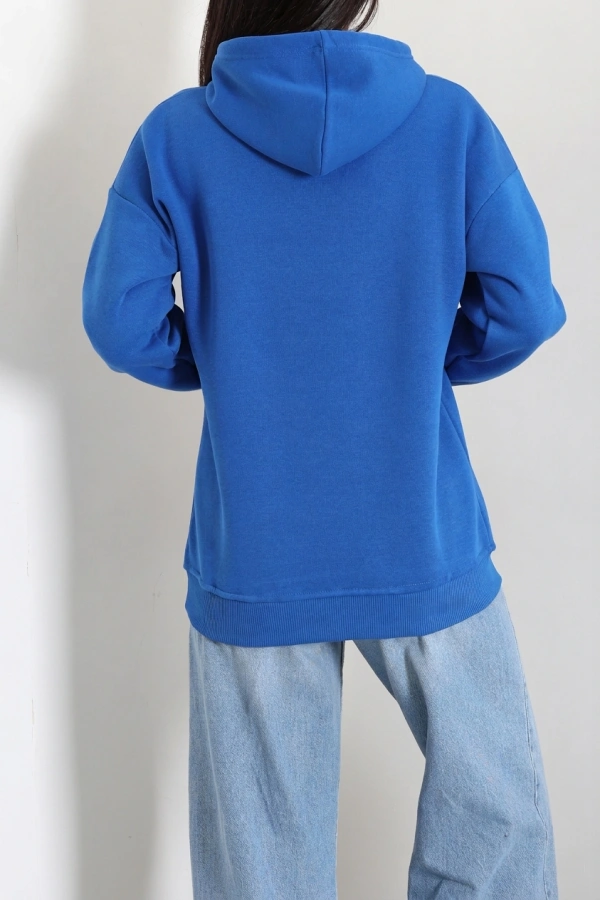 Üç İplik Kapşonlu Naskışlı Sweat Saks 8