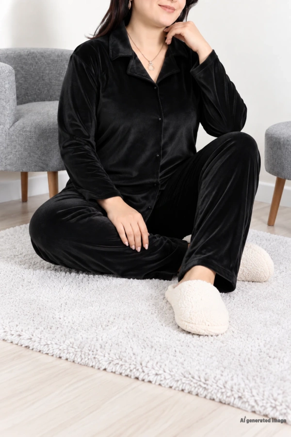 Fransız Kadife Büyük Beden Düğmeli Pijama Takımı Siyah