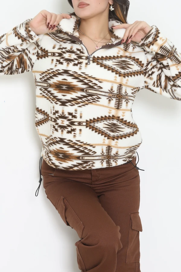 Yarım Fermuarlı Peluş Sweat Ekruetnik 5