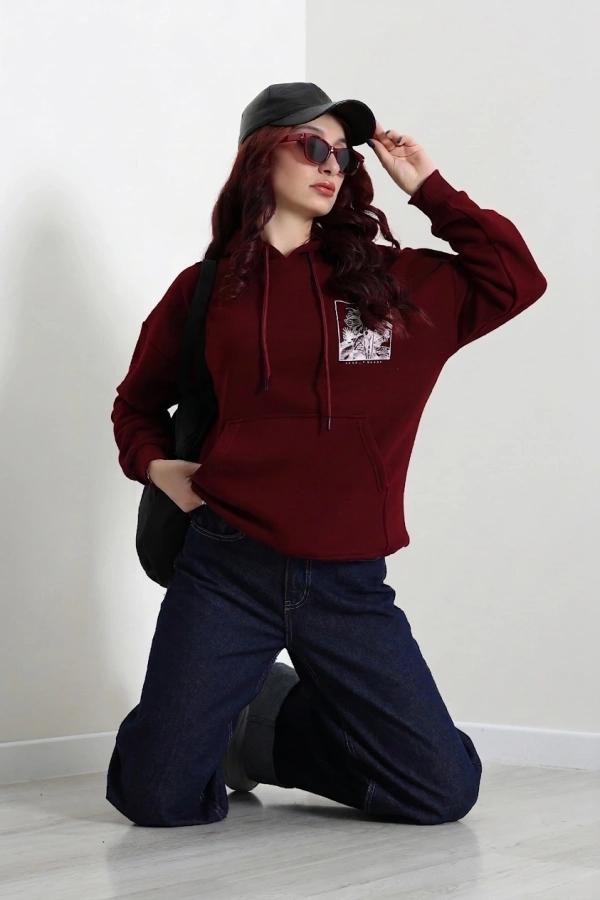 Kadın Bordo Kapüşonlu Baskılı Oversize Sweat Tunik 6