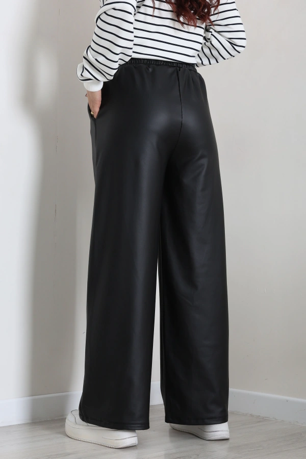 Kadın Siyah Beli Lastikli Geniş Paça Deri Pantolon 9