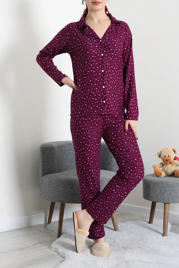 Kadın Mürdüm Süet Düğmeli Pijama Takımı Rahat Kalıp 2