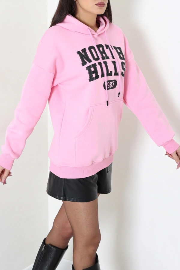 Kadın Pembe Kapüşonlu Baskılı Oversize Sweat Tunik 5