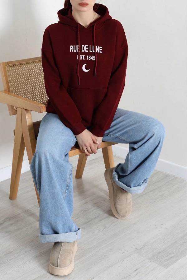 Kapşonlu Baskılı Sweat Bordo 4