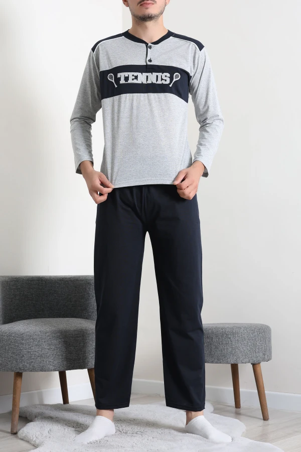 Erkek Gri Süprem Patlı Garnili Pijama Takımı Rahat Kalıp 2