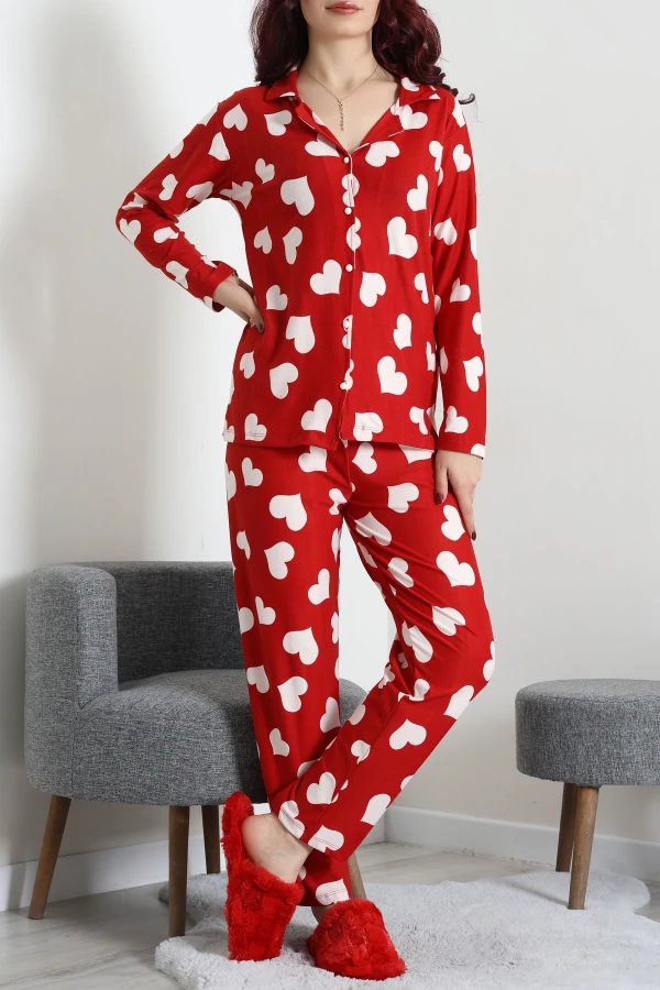 Kadın Bordo Süet Düğmeli Kalpli Pijama Takımı 2