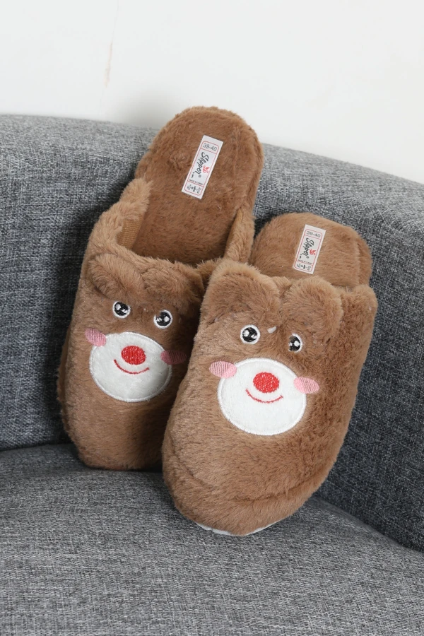 Peluş Desenli Kadın Ev Terliği Kahve 6
