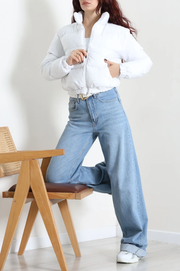 Beli Lastikli Şişme Mont Beyaz 2