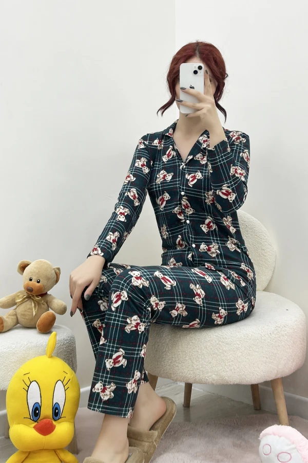 Süet Düğmeli Pijama Takım Zümrüt 2