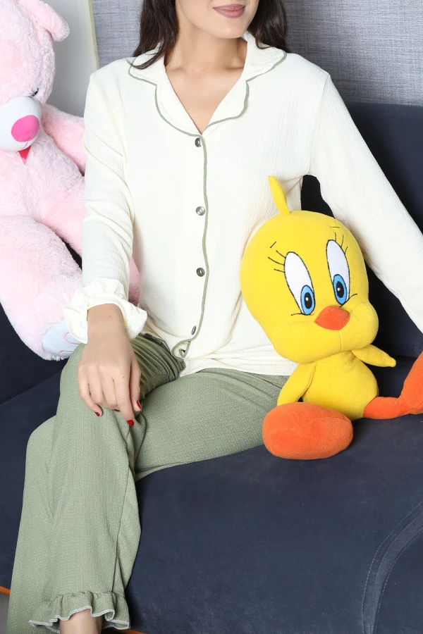 Bürümcük Düğmeli Pijama Takımı Yeşil 5