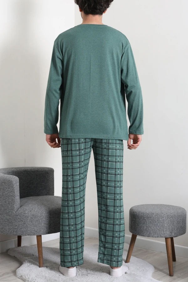Erkek Yeşil Ekose Süprem Uzun Kol Cepli Bisiklet Yaka Pijama Takımı 7