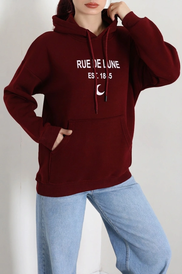 Kapşonlu Baskılı Sweat Bordo 3