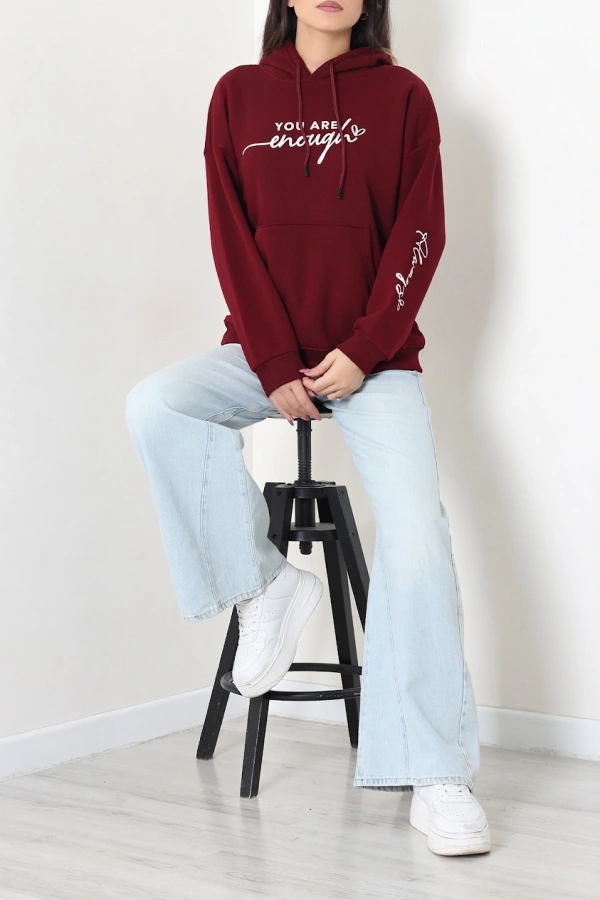Kadın Bordo Kapüşonlu Baskılı Oversize Sweat Tunik 2