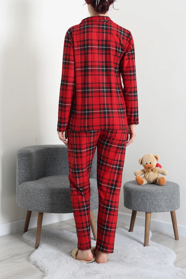Kadın Kırmızı Ekose Süet Düğmeli Pijama Takımı 7