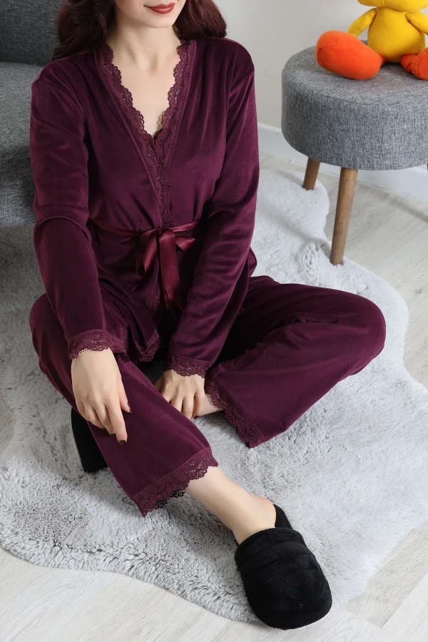 Fransız Kadife 3'Lü Pijama Seti Mor 4