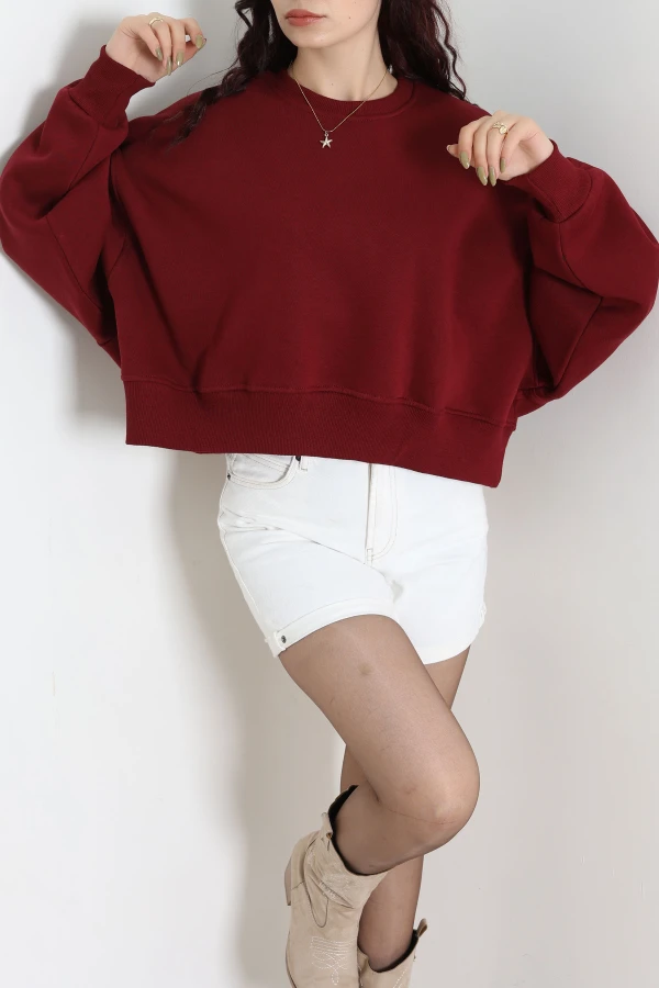 Oversize 3 İplik Şardonlu Sweat Bordo