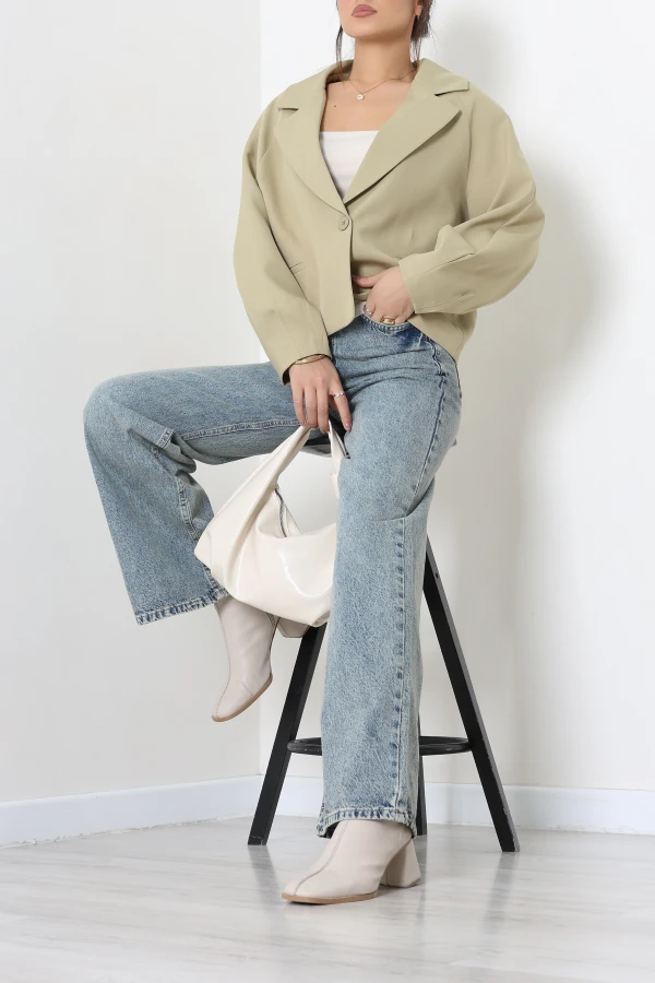 Tek Düğme Balon Kol Blazer Ceket Açıkhaki 4