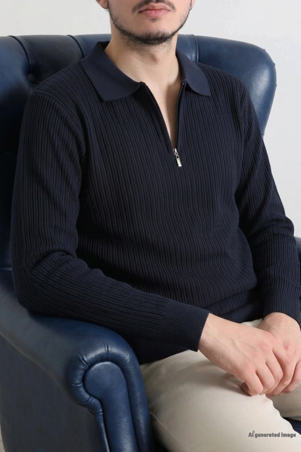Fermuarlı Polo Yaka Erkek Triko Sweat Lacivert
