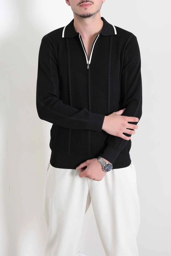 Çizgili Polo Yaka Erkek Triko Sweat Siyah 5