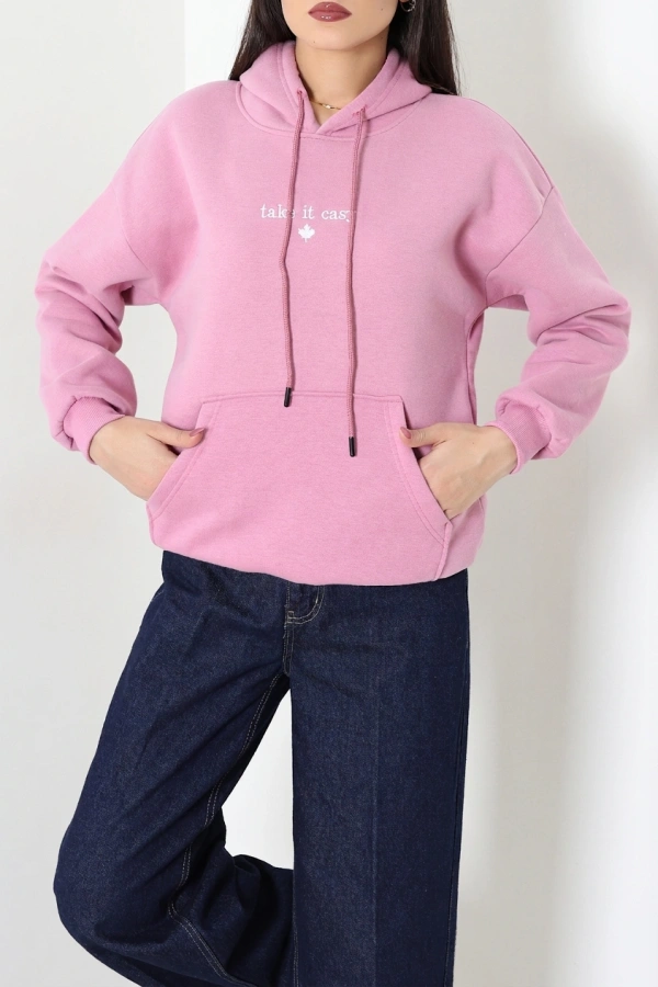 Kadın Pembe Üç İplik Kapüşonlu Nakışlı Sweat Tunik 5