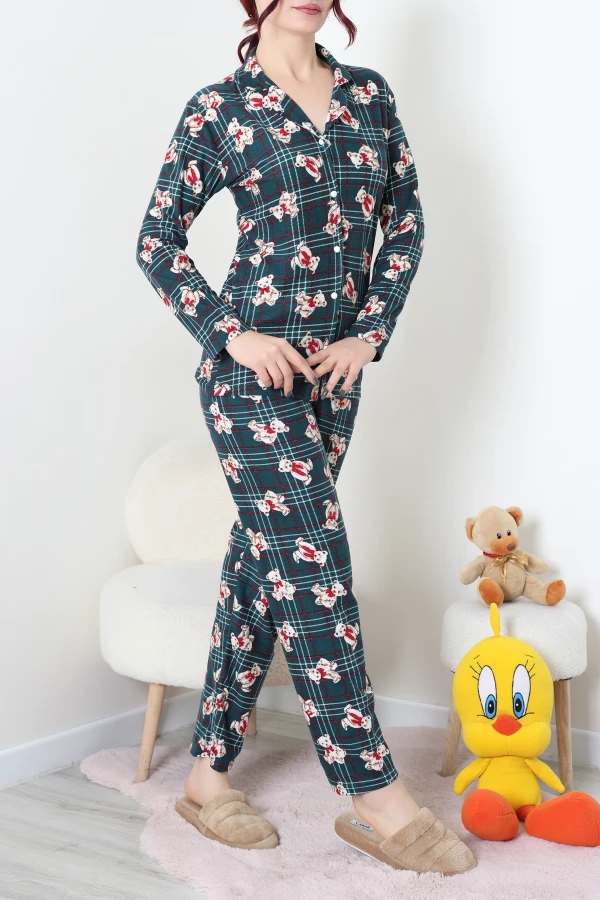 Süet Düğmeli Pijama Takım Zümrüt 4