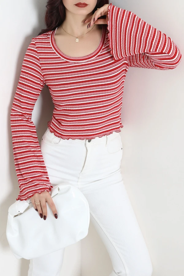 Çizgili Crop Bluz Kırmızı 3