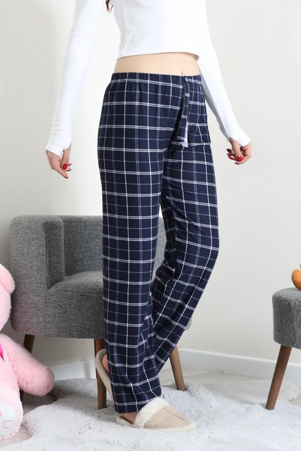 Kadın Lacivert Desenli Süet Pijama Altı Rahat Kalıp