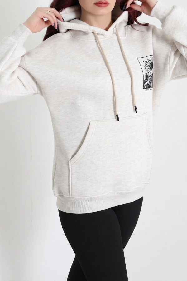 Kadın Bej Kapüşonlu Baskılı Oversize Sweat Tunik 3