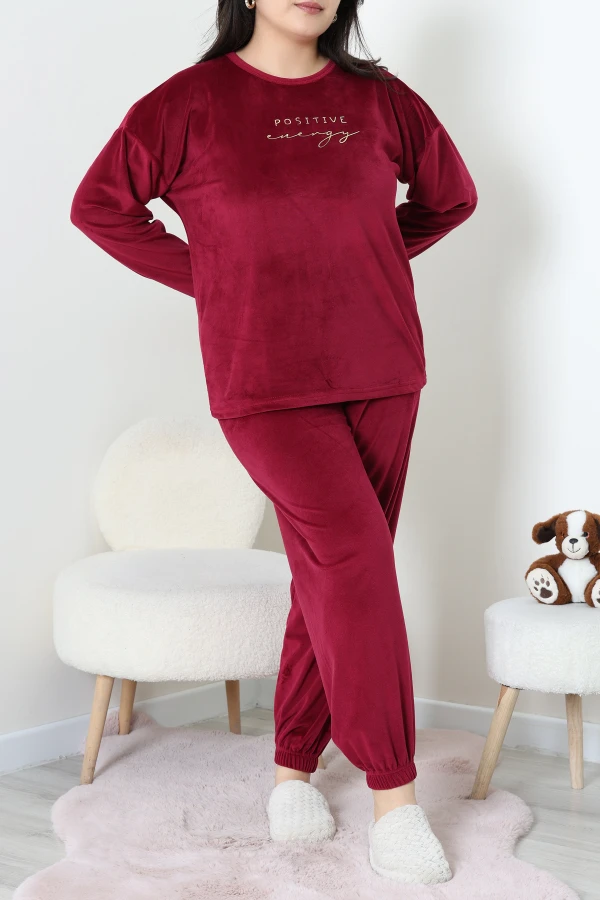 Fransız Kadife Büyük Beden Pijama Takımı Bordo 5