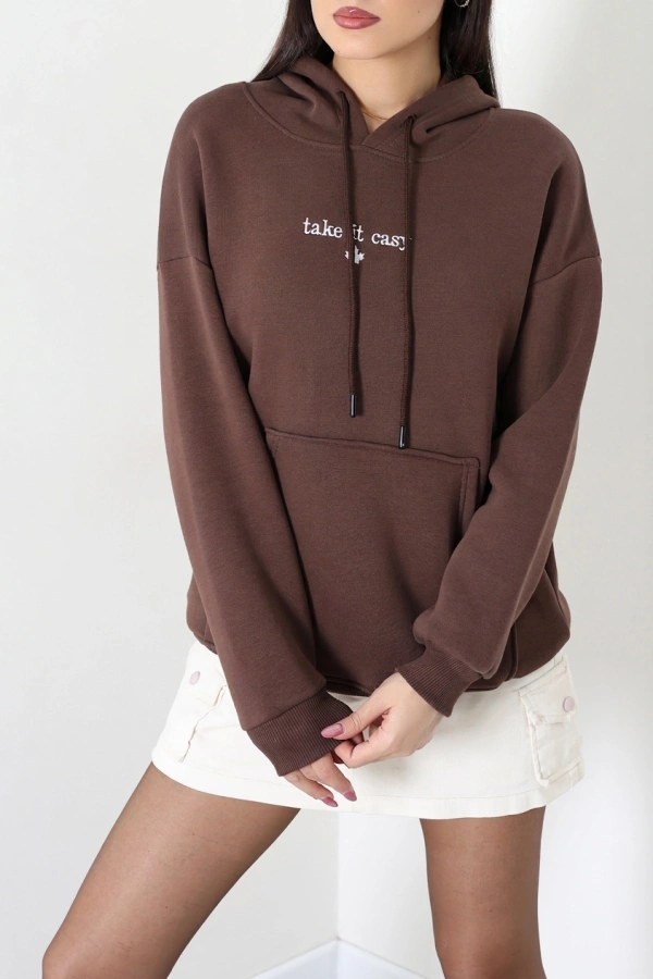 Kadın Kahve Üç İplik Kapüşonlu Nakışlı Sweatshirt Tunik 7