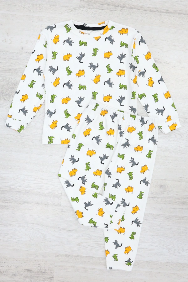 Erkek Çocuk Beyaz Turuncu Pamuklu Rahat Kalıp Pijama Takımı 4